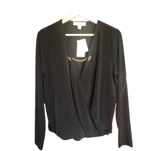 NWT Michael Kors Wrap Long Sleeve Top in Black Size L - Picture 1 of 14
